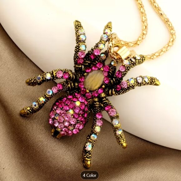 Vintage inspired Pink Crystal Spider Fashion Pendant Necklace - Picture 5 of 5